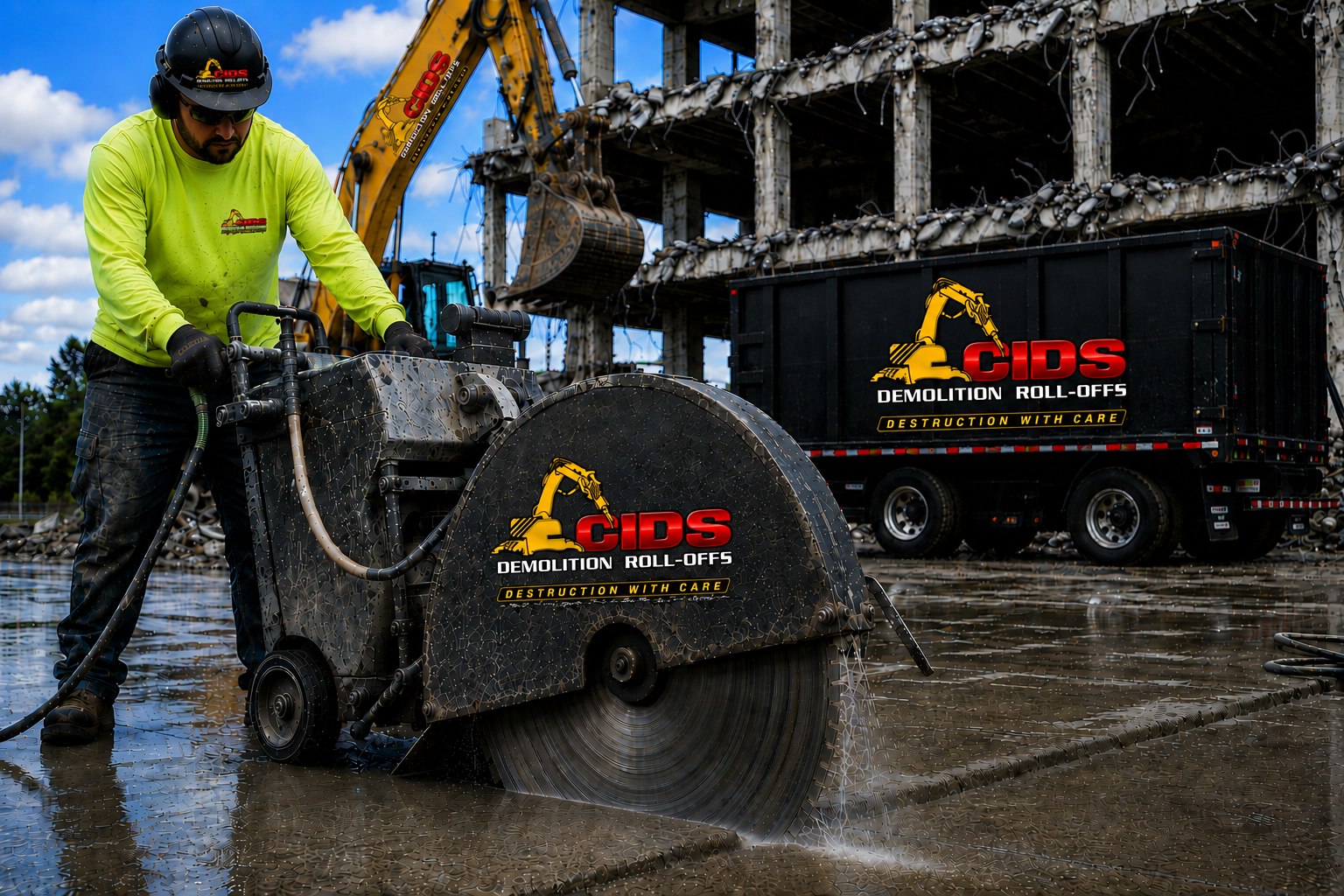 CIDS crew performing concrete flat sawing with demolition equipment and roll-off container on site