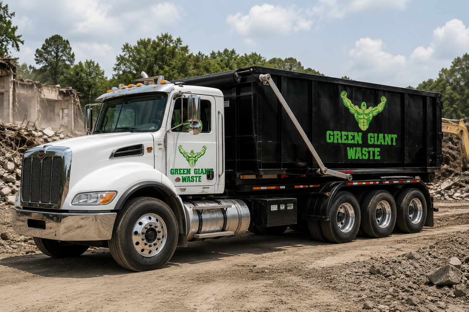 Green Giant Waste roll-off truck and dumpster serving a construction site