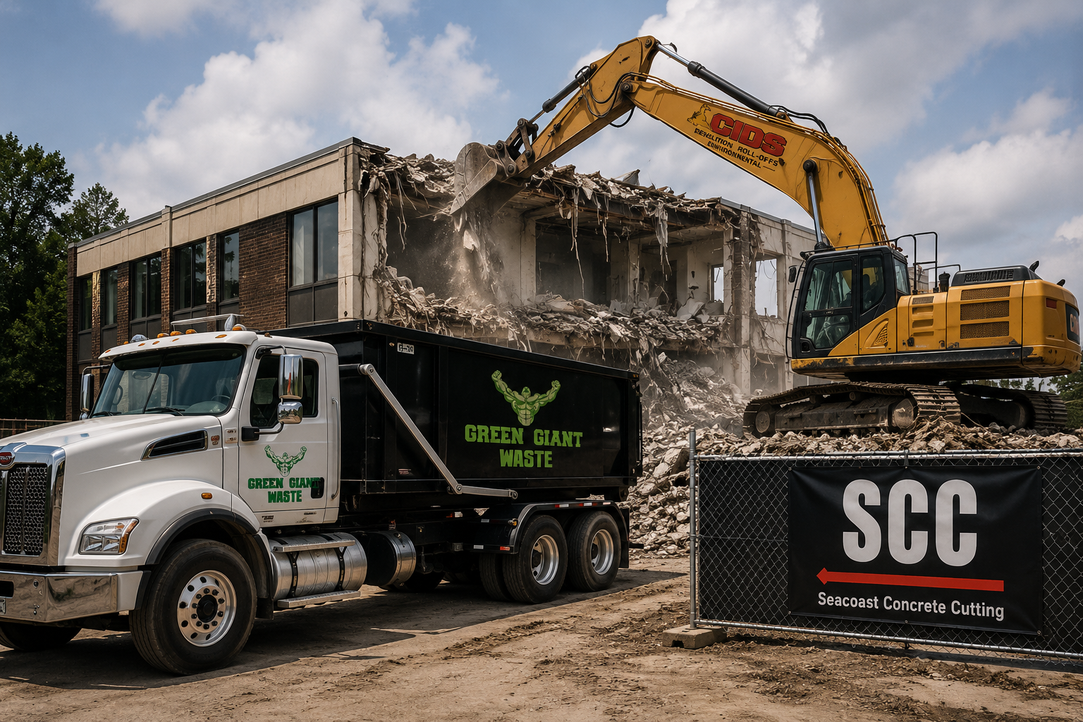CIDS concrete cutting crew with demolition equipment and Green Giant Waste roll-off container