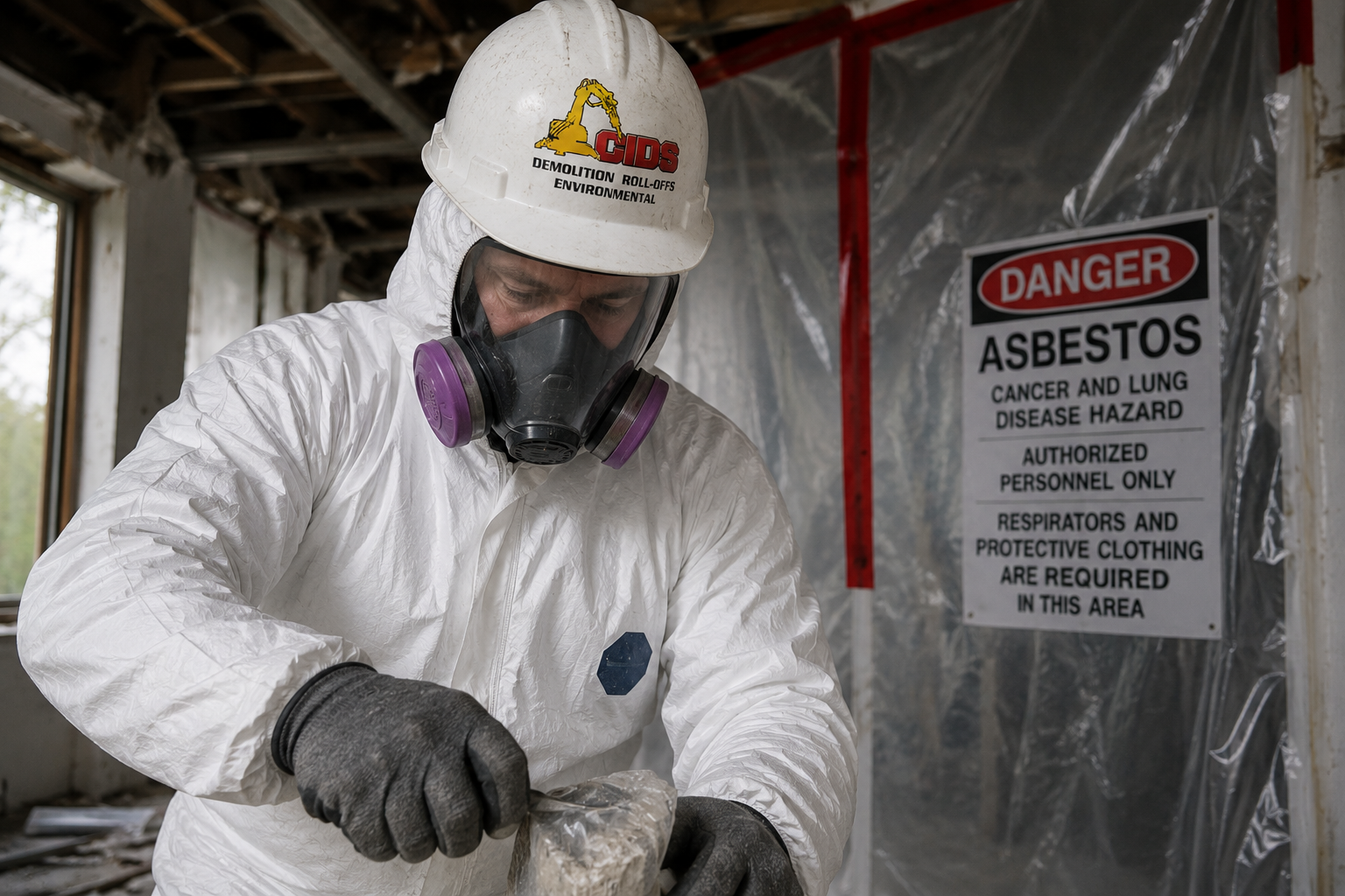 CIDS abatement worker wearing protective equipment and respirator