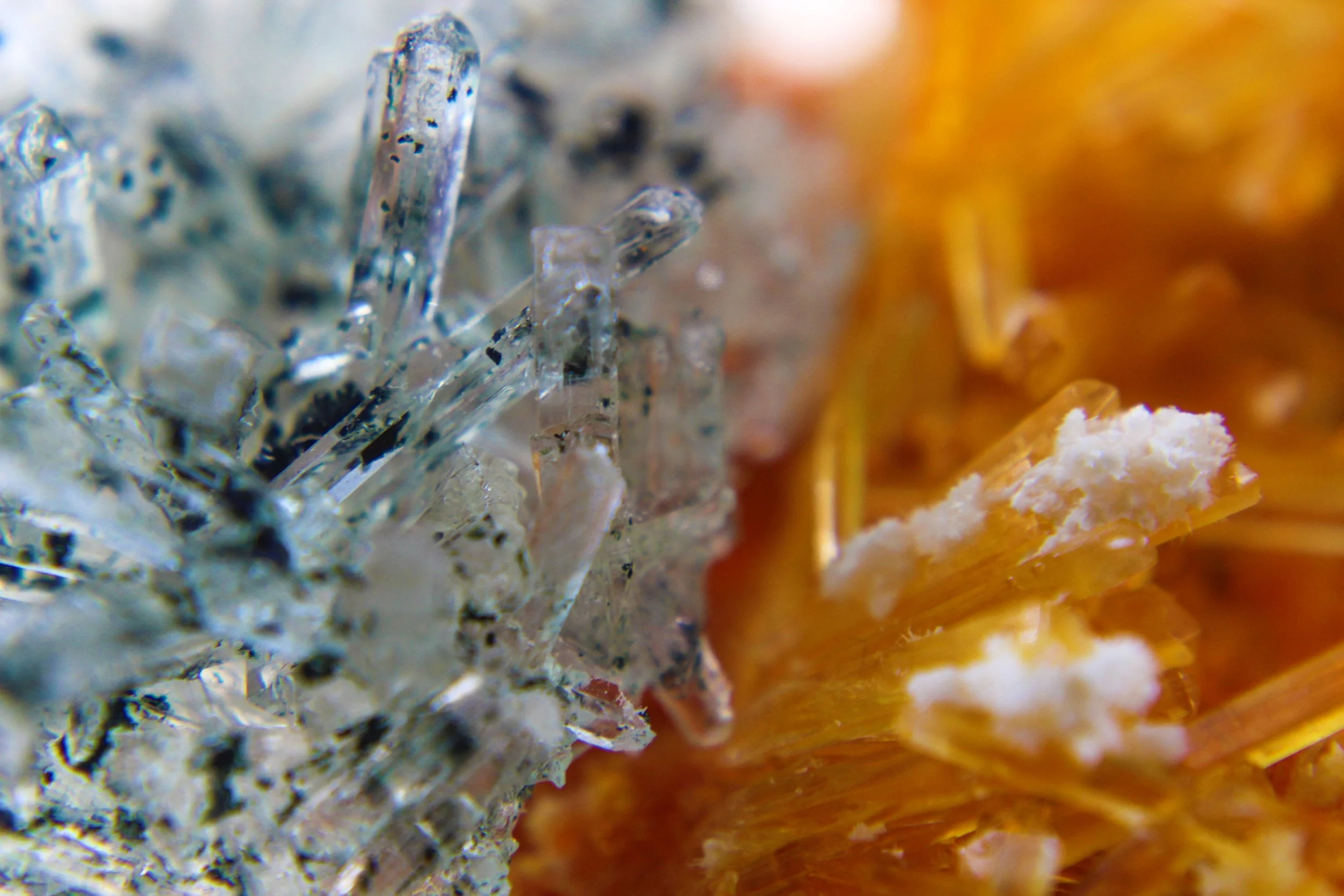Close-up view of colorful crystal formations or mineral structures, primarily blue, white, and orange hues.