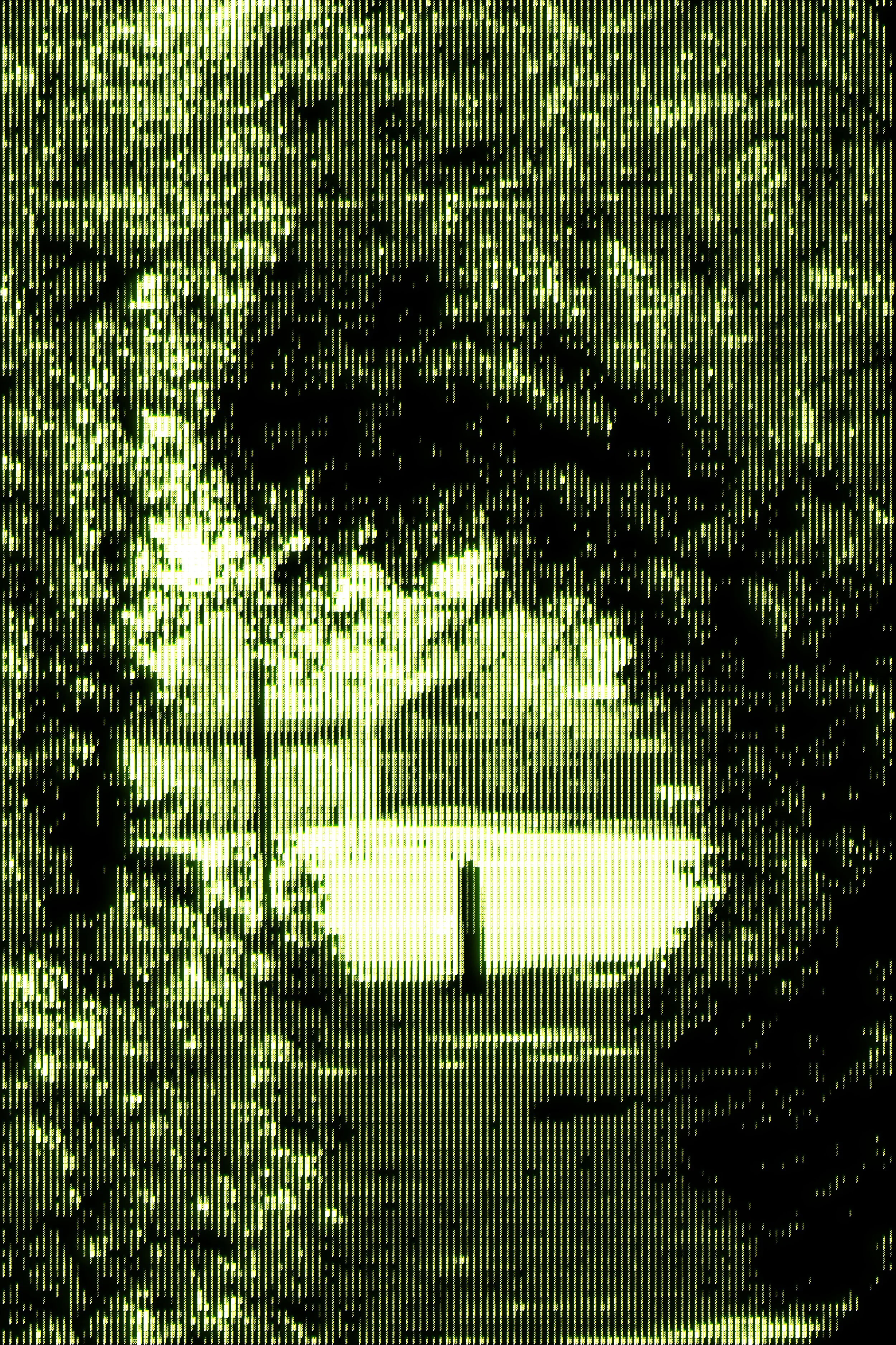 A silhouette of a woman with long hair blowing in the wind, standing outdoors near trees and a body of water with a cloudy sky.