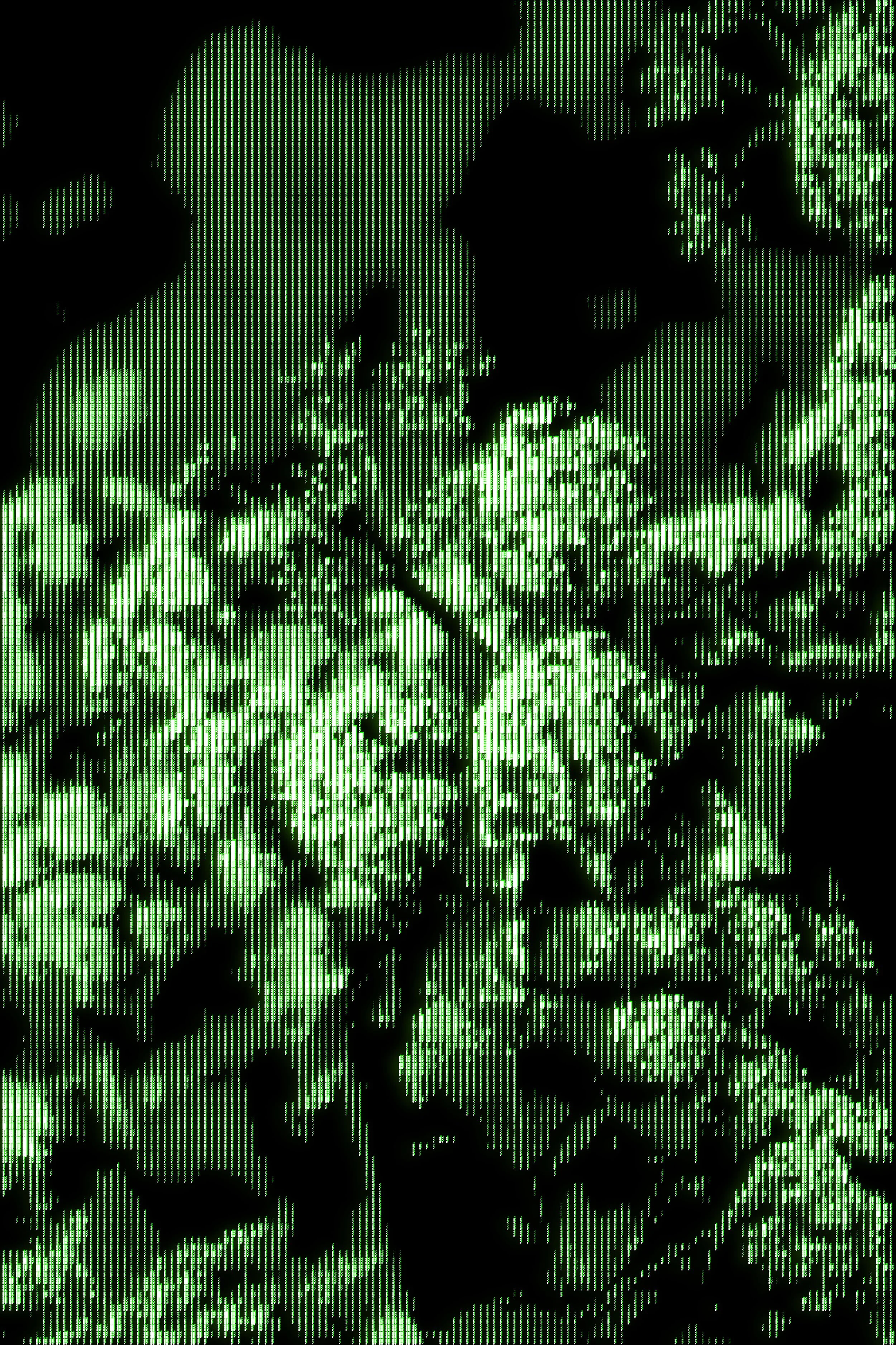A stylized image of a skull made up of green vertical lines and digital dots on a black background.