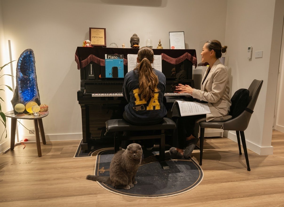 Teacher teaching student piano