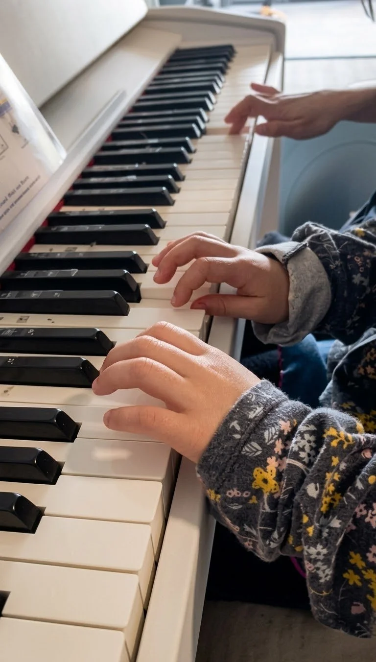 Close-up of a person's hands playing an upright white piano, with a focus on piano playing techniques.