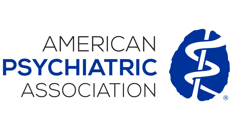 Logo of the American Psychiatric Association featuring a blue brain with a black caduceus symbol.