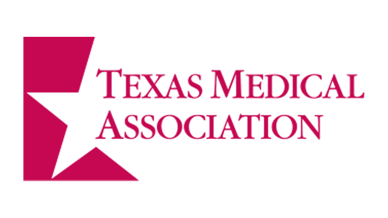 Logo of Texas Medical Association with a black and magenta star design and the organization's name in magenta text.