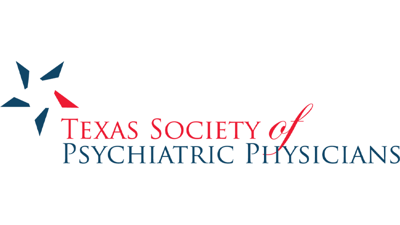 Logo of the Texas Society of Psychiatric Physicians featuring a stylized star and the organization's name in red and blue text.