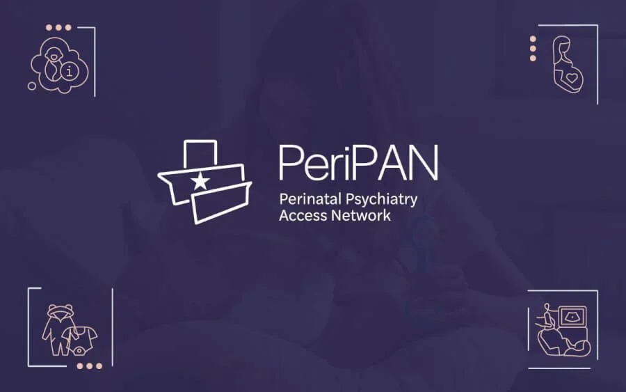 Logo and name of PeriPAN, Perinatal Psychiatry Access Network, on a purple background with medical and mental health icons.