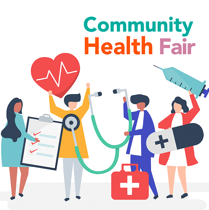 Illustration of healthcare professionals at a community health fair, holding medical equipment like a stethoscope, syringe, clipboard, and pill bottle, with the event title 'Community Health Fair' in colorful text.