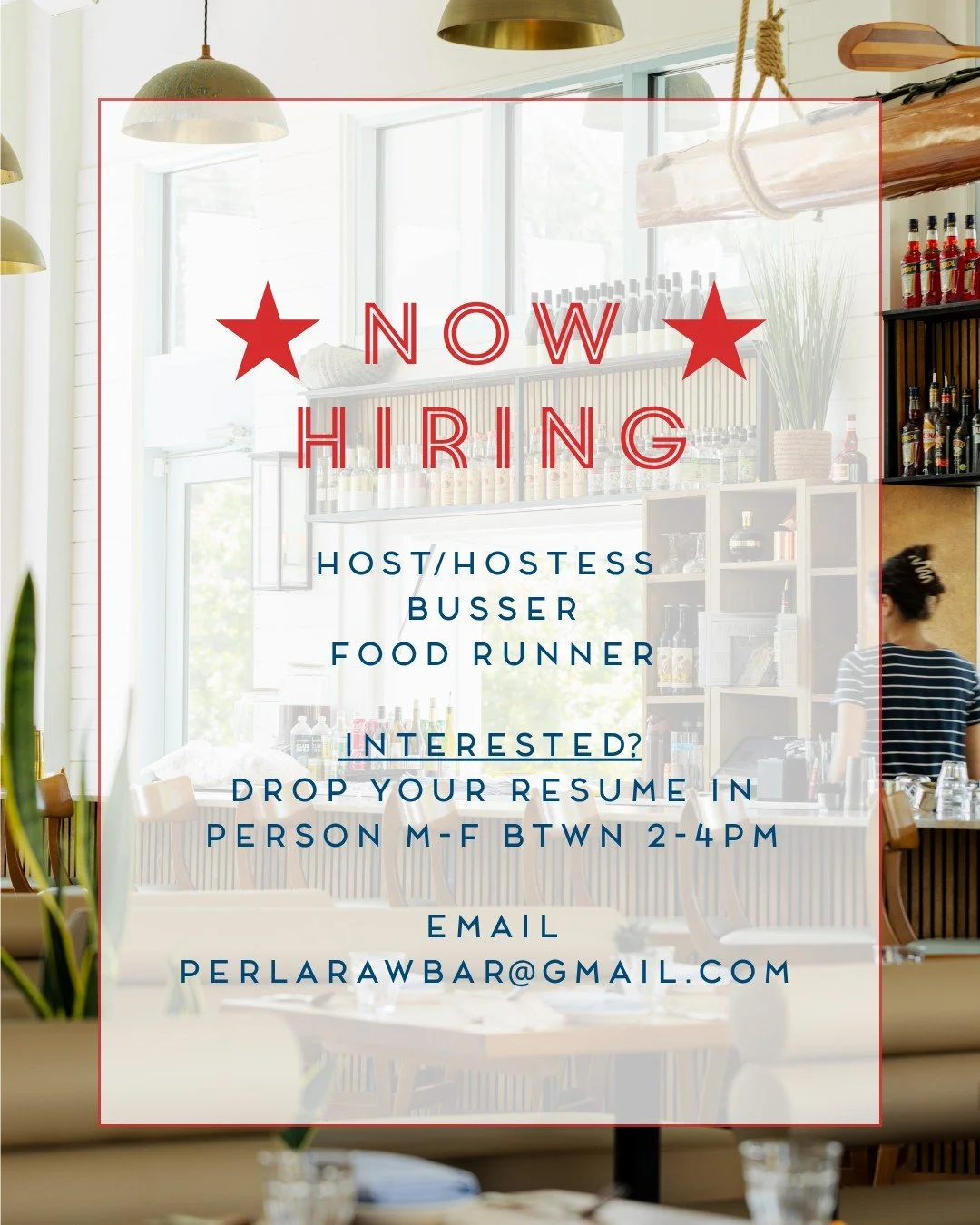 Love Perla so much you'd like to spend time working here? 

We're currently looking to fill host/hostess, busser and food runner positions with motivated and energetic team members. 

➡️ Drop by the restaurant with your resume M-F between 2-4PM
➡️ Em