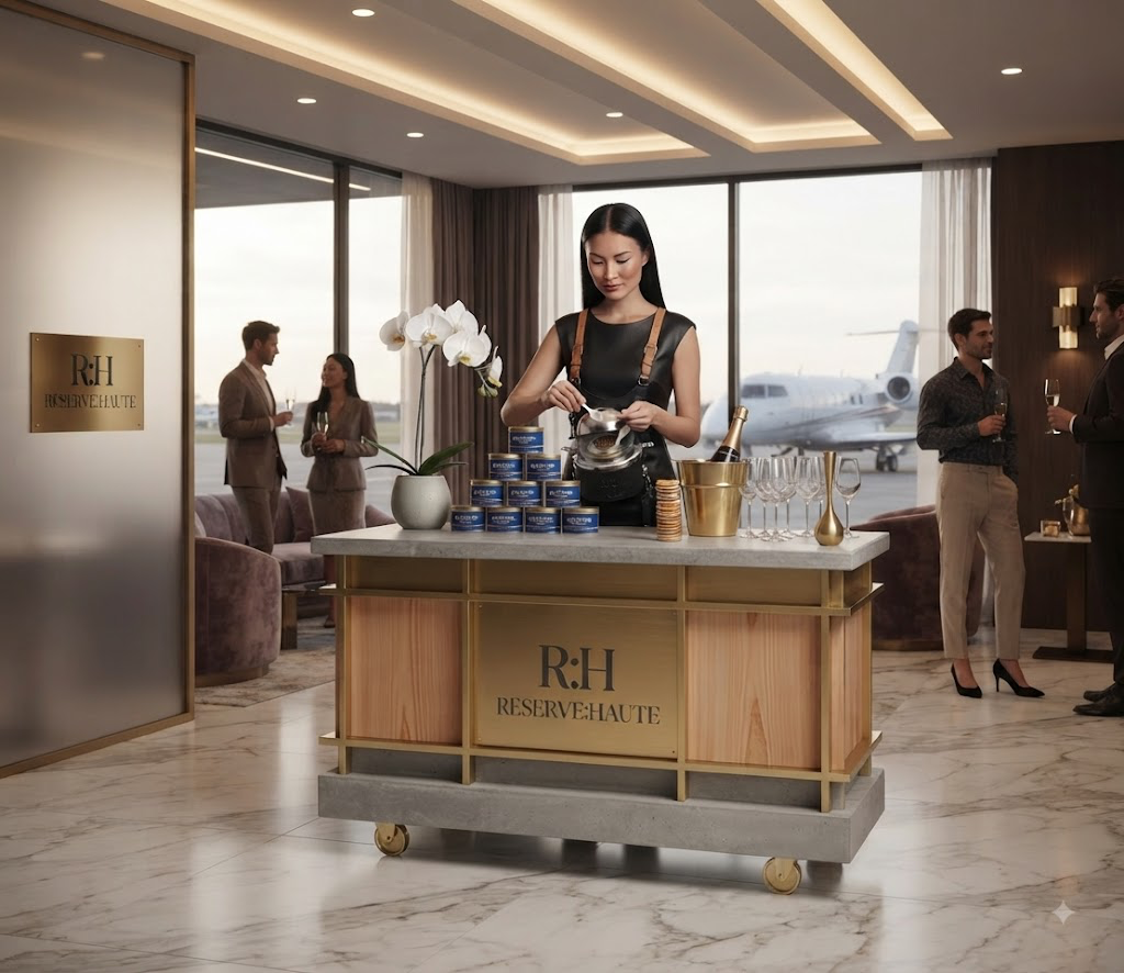 Reserve Haute custom luxury mobile caviar and champagne cart set up for an upscale private party activation.
