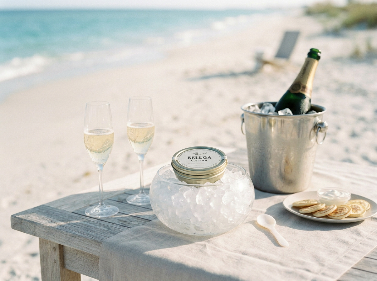 Curated access with rare caviar and access to experiences. Beachside table with two glasses of champagne, a tin of Beluga caviar on ice, a bucket with a bottle of champagne, and a plate of crackers and cream cheese on a white cloth.