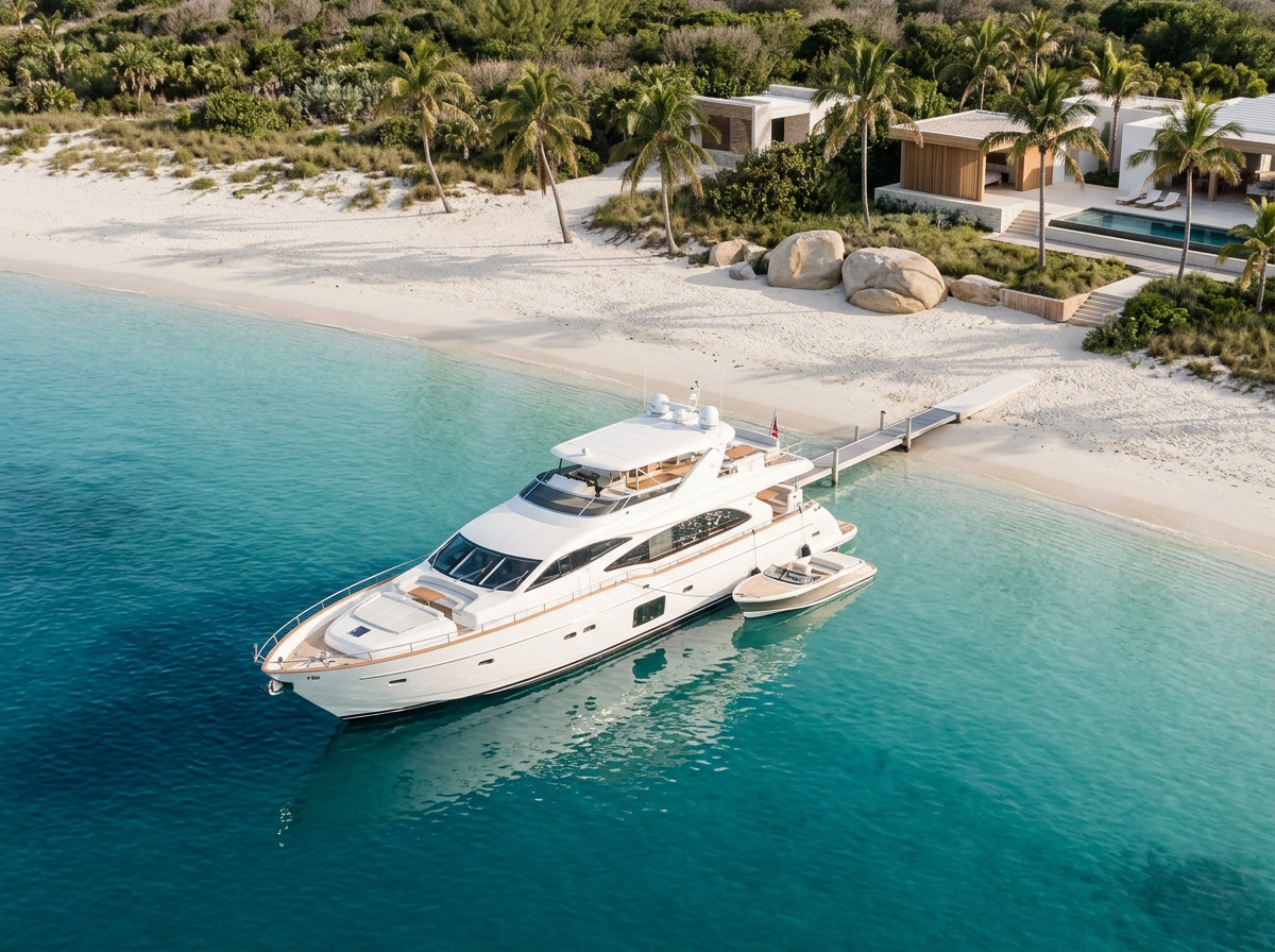 Private access destinations and experiences like  this white yacht docked at a scenic beach with turquoise water, white sand, palm trees, and modern beachfront houses in the background.
