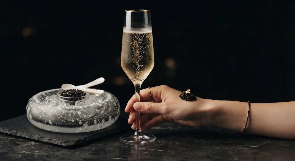 "Reserve Haute champagne specialist and caviar sommelier pouring premium pairings for an exclusive gathering.