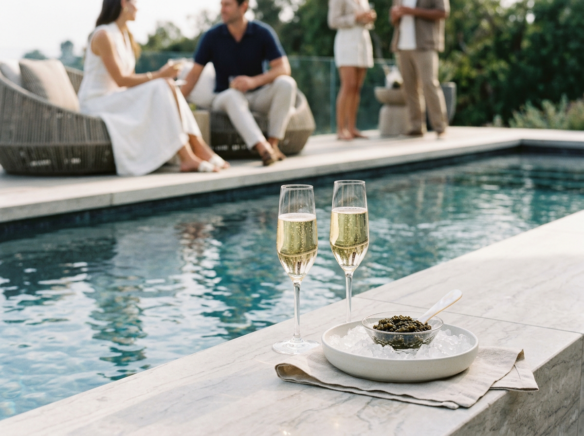 Curated luxury caviar and champagne pairing flight highlighting bespoke farm-to-bump sensory hospitality.