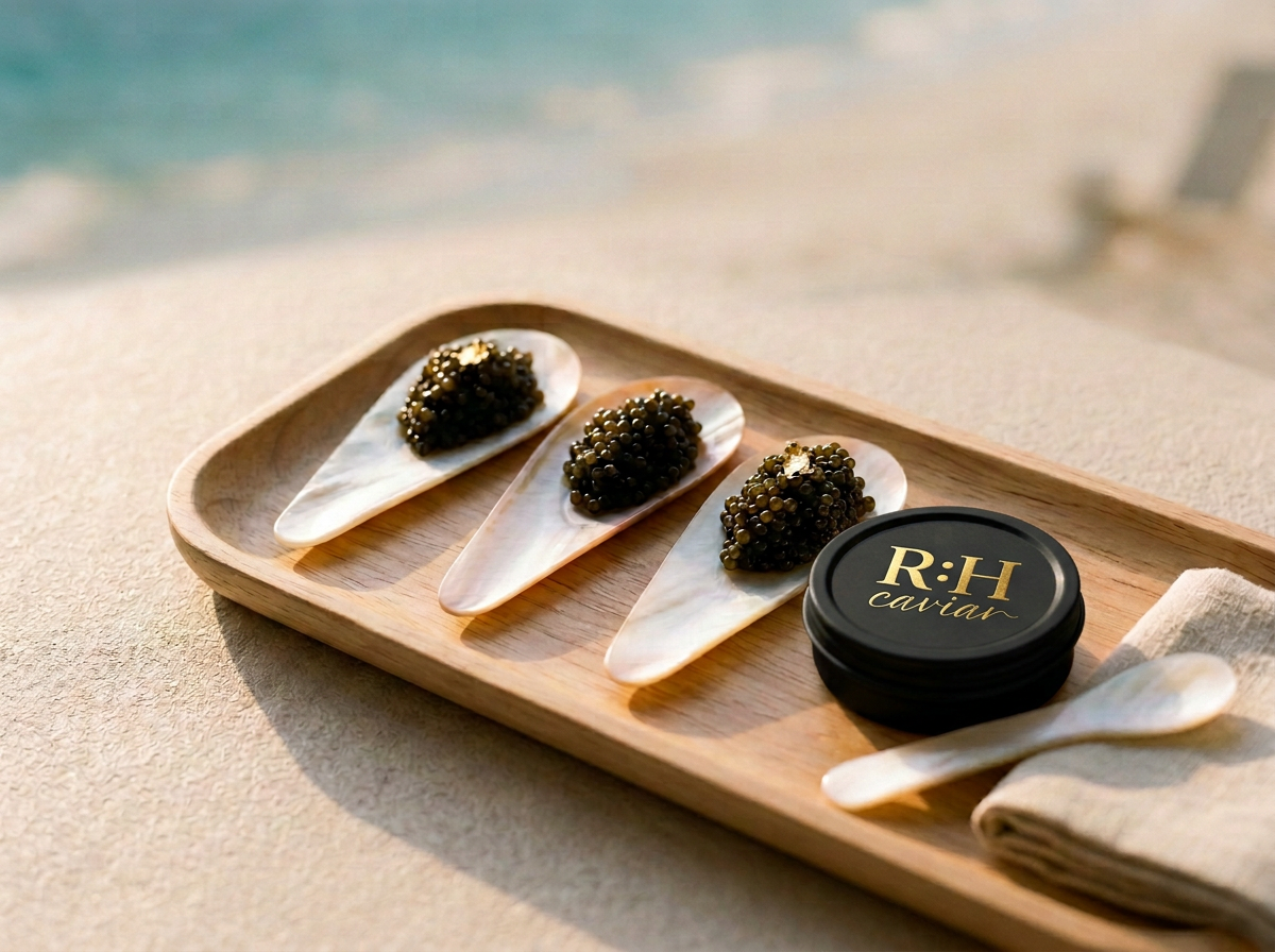 Elegant mother-of-pearl spoon service presenting high-grade Ossetra and Kaluga caviar selections.