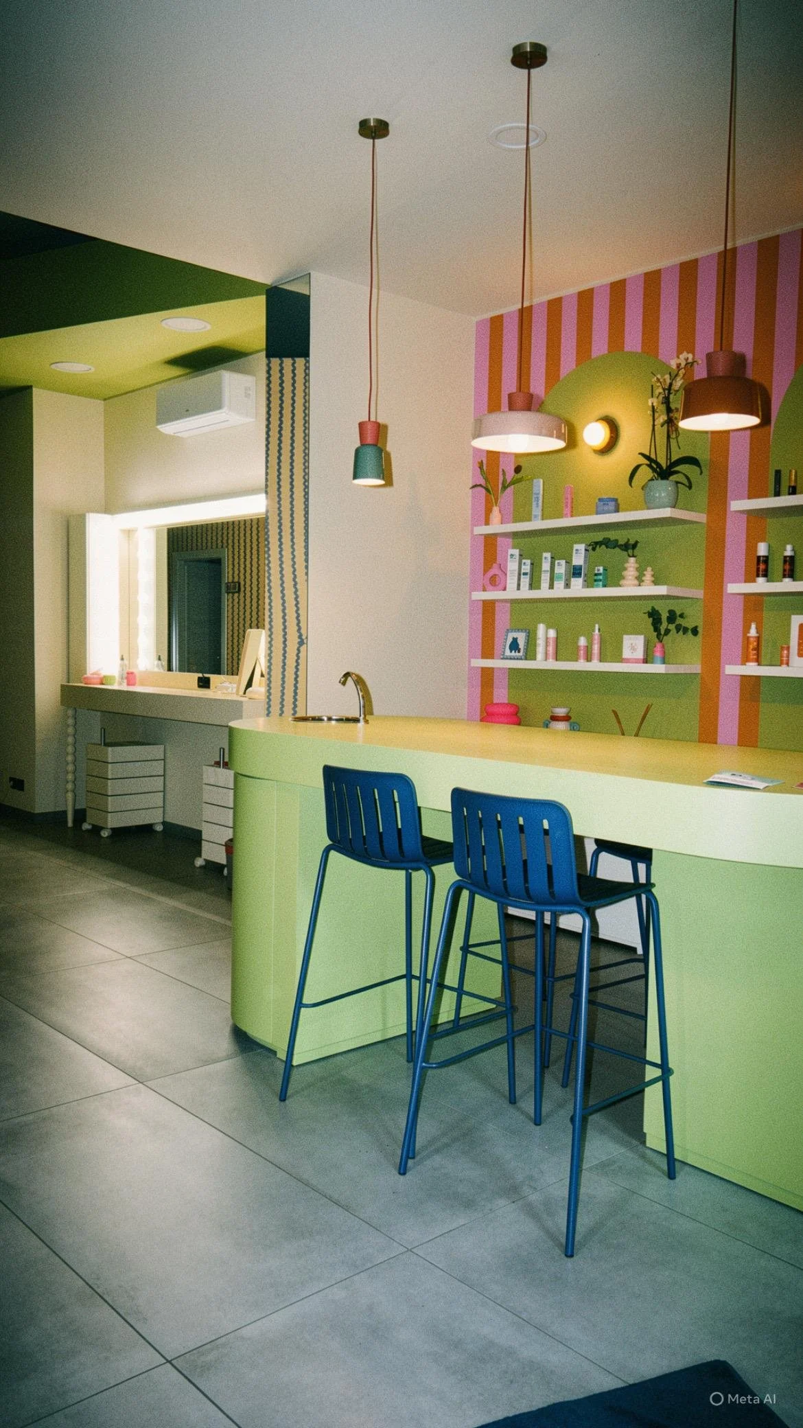Interno di una stanza con pareti colorate di rosa e verde, mobili color pastello, e lampade sospese colorate sopra un bancone verde con sgabelli blu.