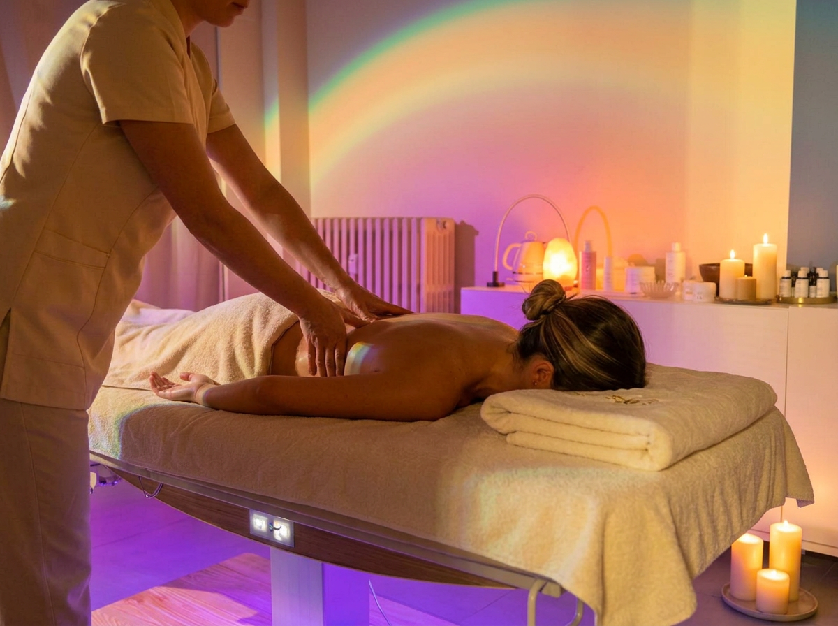 Una donna riceve un massaggio in una stanza con luci soffuse, candele accese e decorazioni rilassanti.