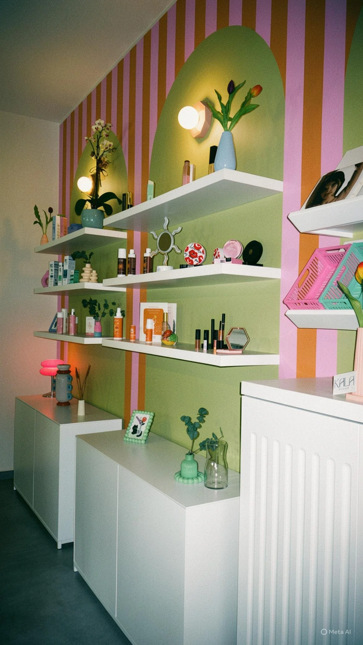 Estanterie con piante, libri, luci e oggetti decorativi, contro una parete verde con strisce rosa e arancioni.