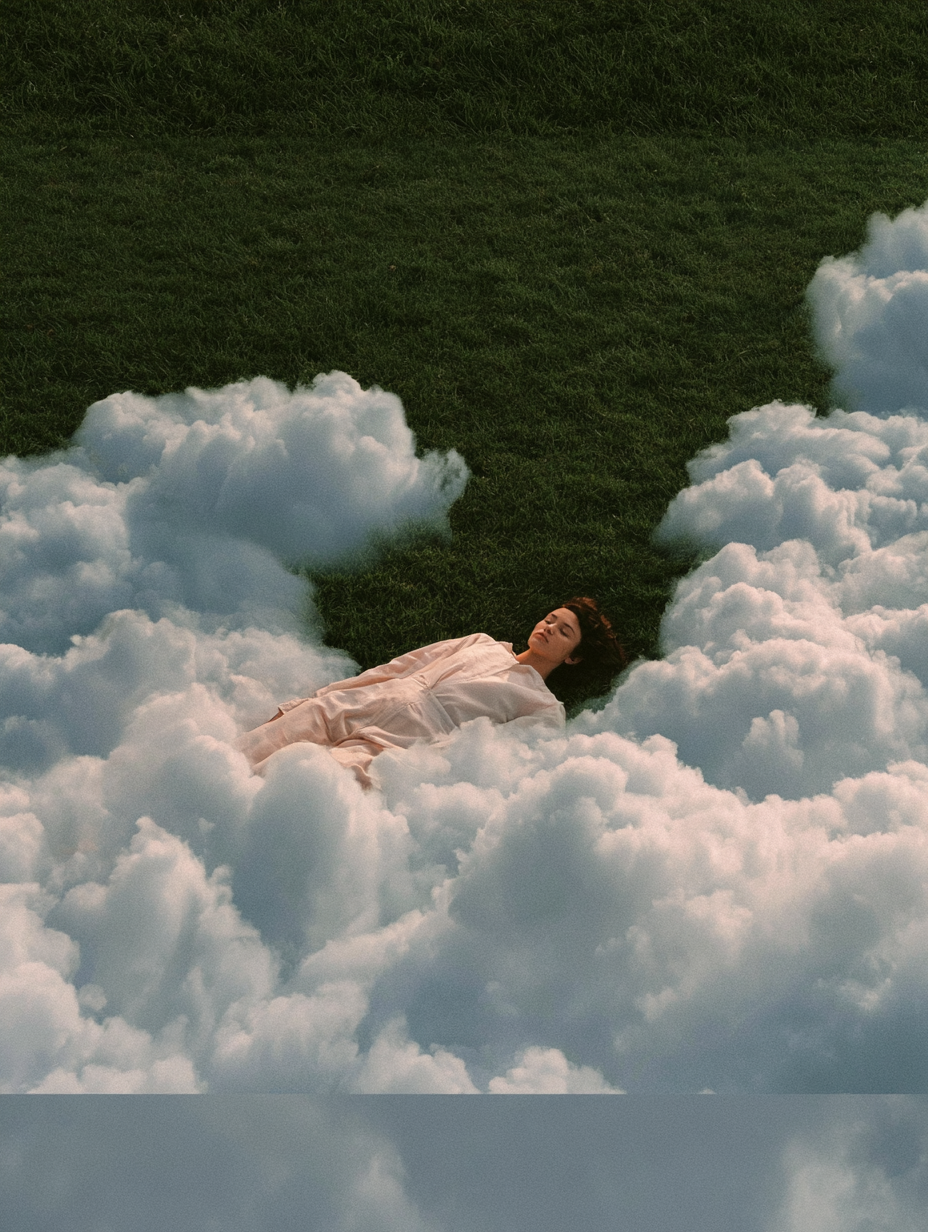 A woman dressed in light-colored clothing lying on her back on a grassy field surrounded by fluffy clouds.