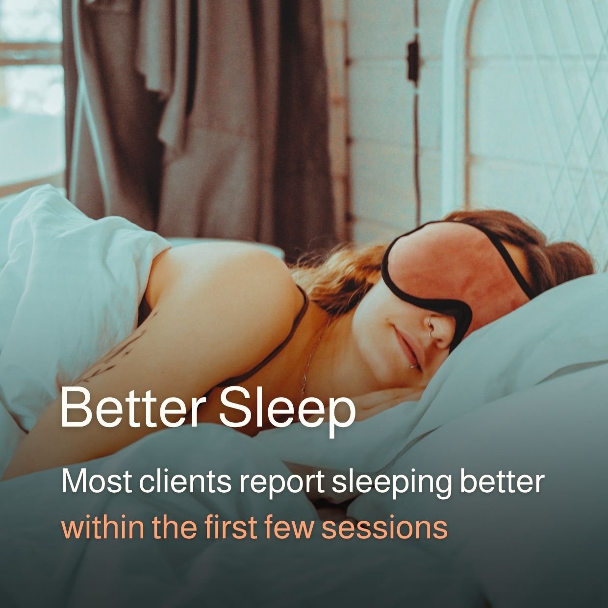A woman with an eyemask sleeping on her side in bed, covered with a white blanket, with text overlay promoting better sleep.