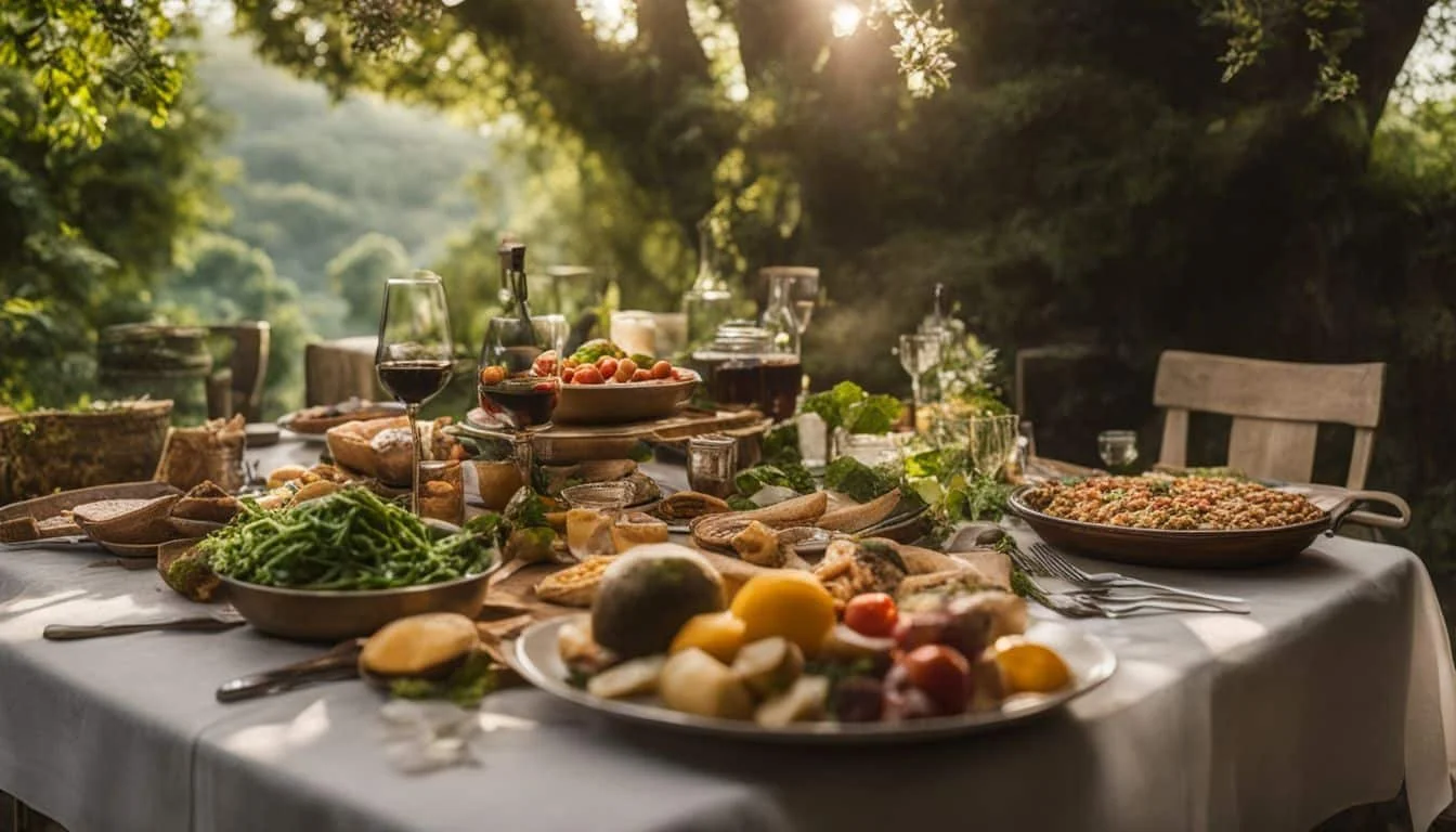 An outdoor table set with Italian food and wine beneath the trees