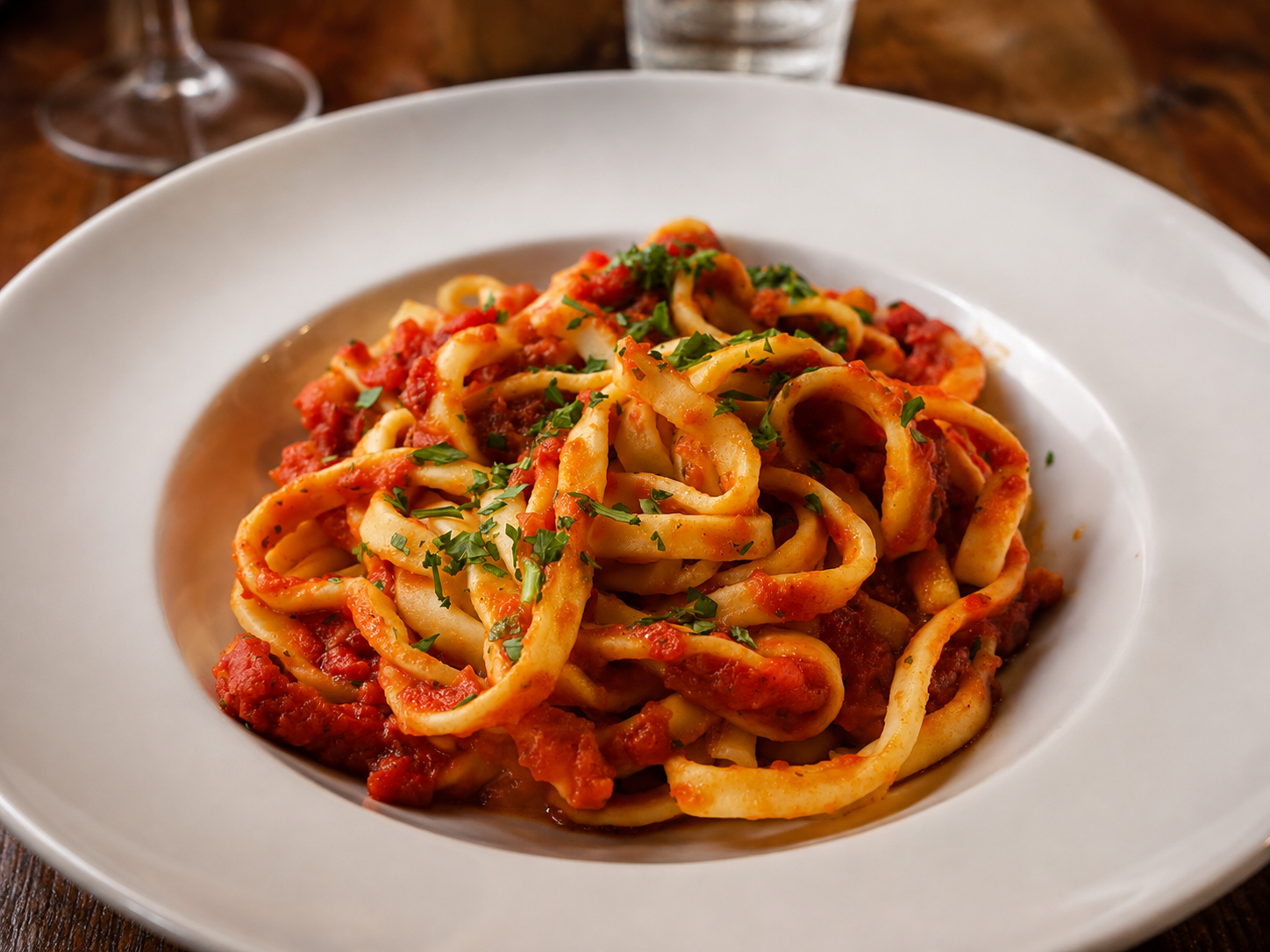 Fresh pasta with tomato sauce and parsley
