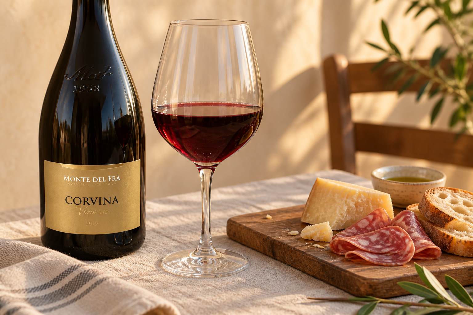 Monte del Frà Corvina Veronese beside a glass of red wine, semi-aged cheese, salumi and rustic bread.