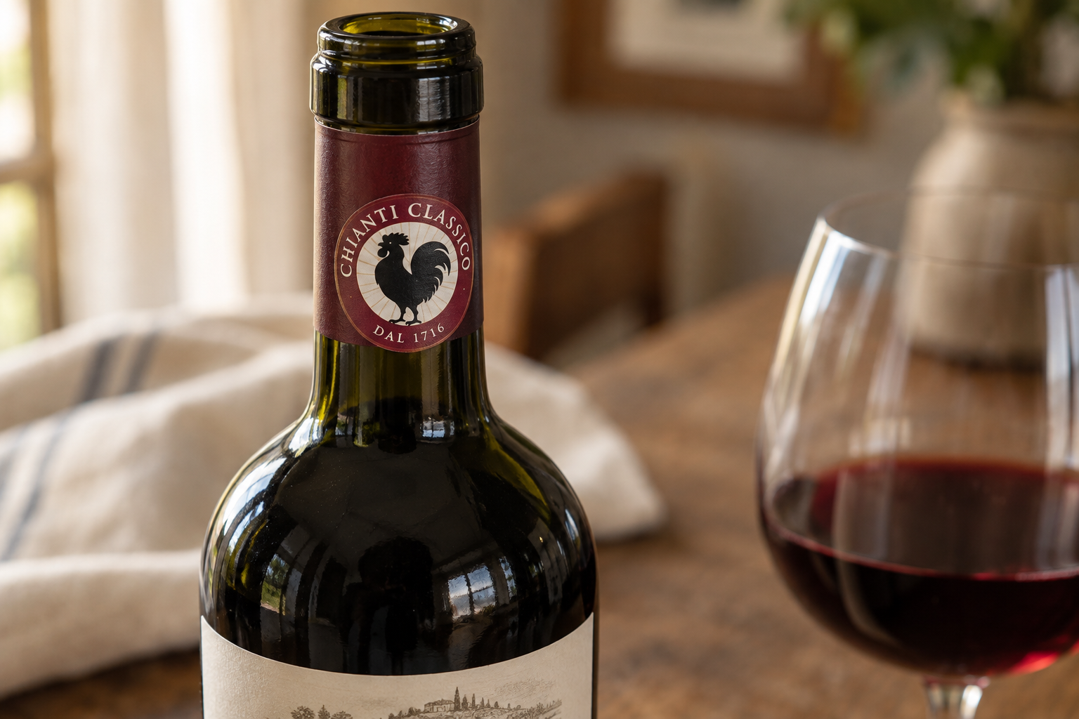Close-up illustration of a black-rooster emblem on a Chianti Classico bottle beside a glass of red wine.