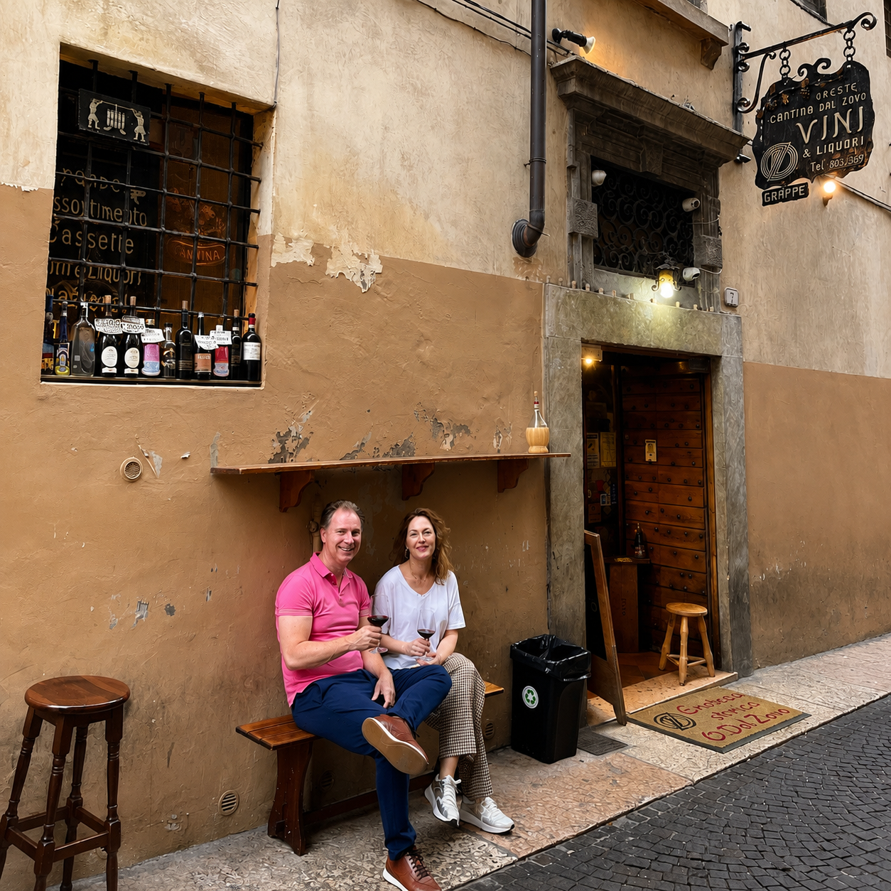 Hans and Karin outside a wine bar in Verona