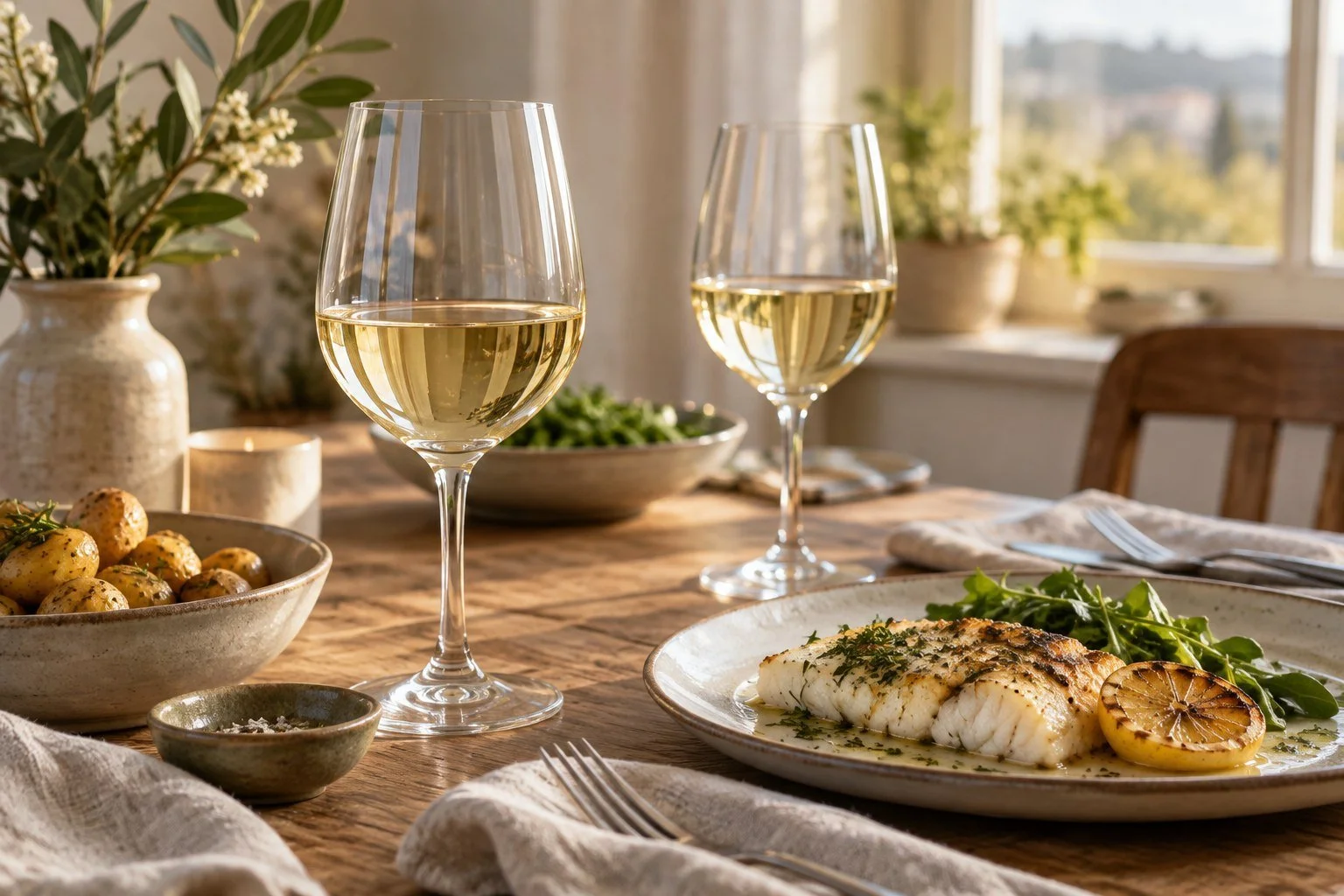 Two glasses of white wine beside baked fish, lemon and potatoes on a warmly lit dining table.