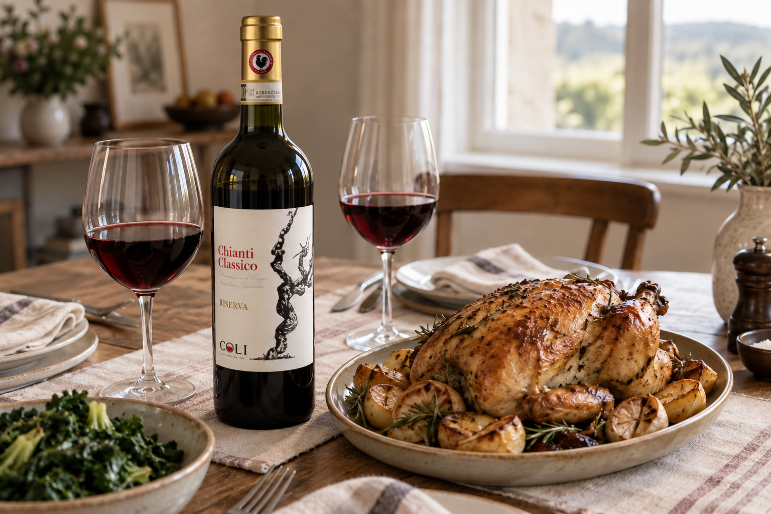 A bottle of Chianti Classico Riserva and two glasses of red wine beside roast chicken and potatoes.