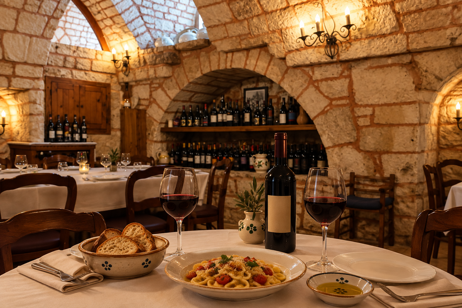 A table with pasta, bread and red wine inside a warmly lit stone restaurant in Alberobello.