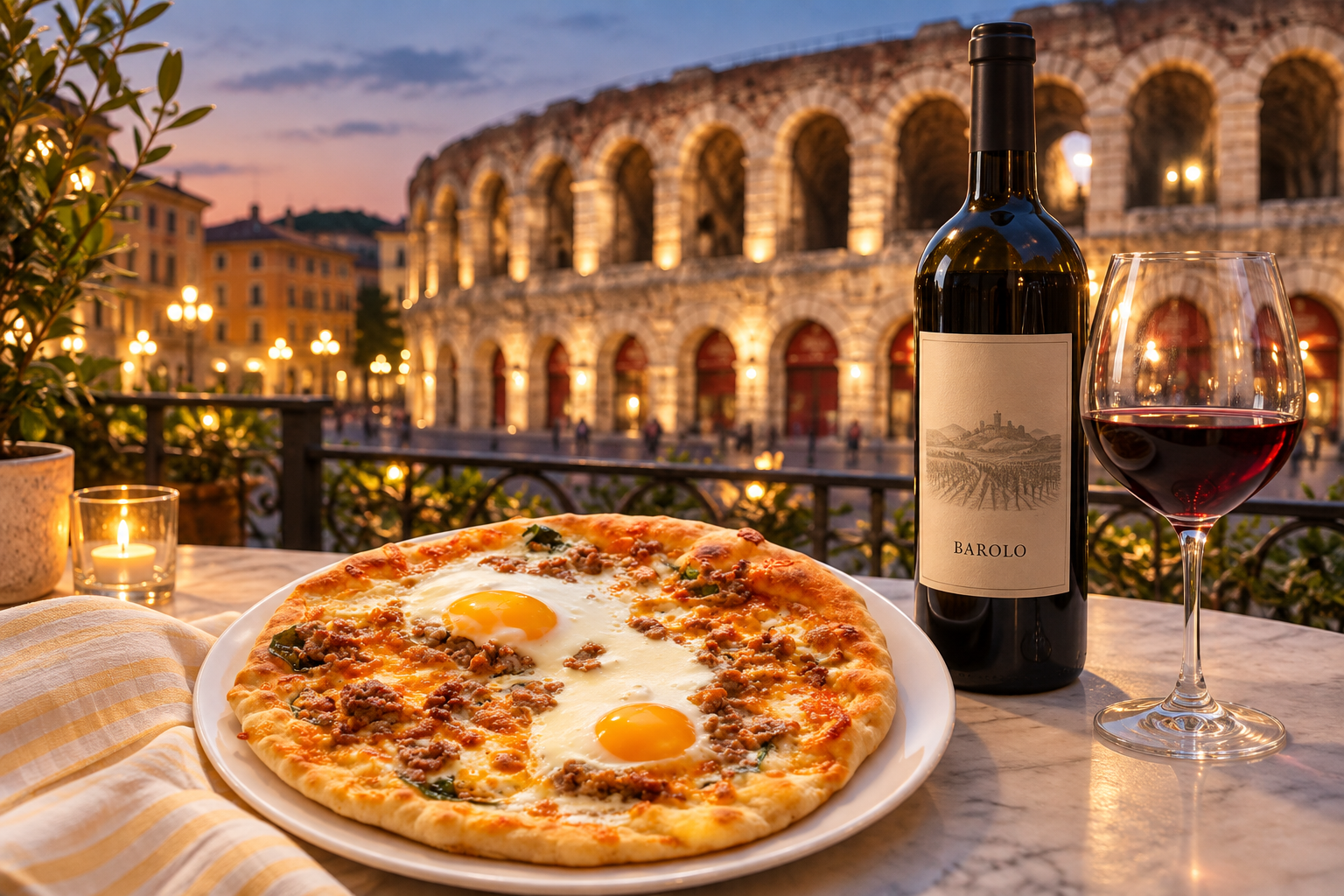 Breakfast pizza with a bottle of Barolo overlooking the illuminated Arena di Verona