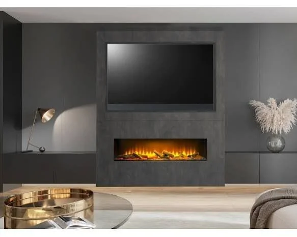 Contemporary living room with a feature wall with wall-mounted TV and an electric fireplace below it, surrounded by dark grey Marmorino walls.
