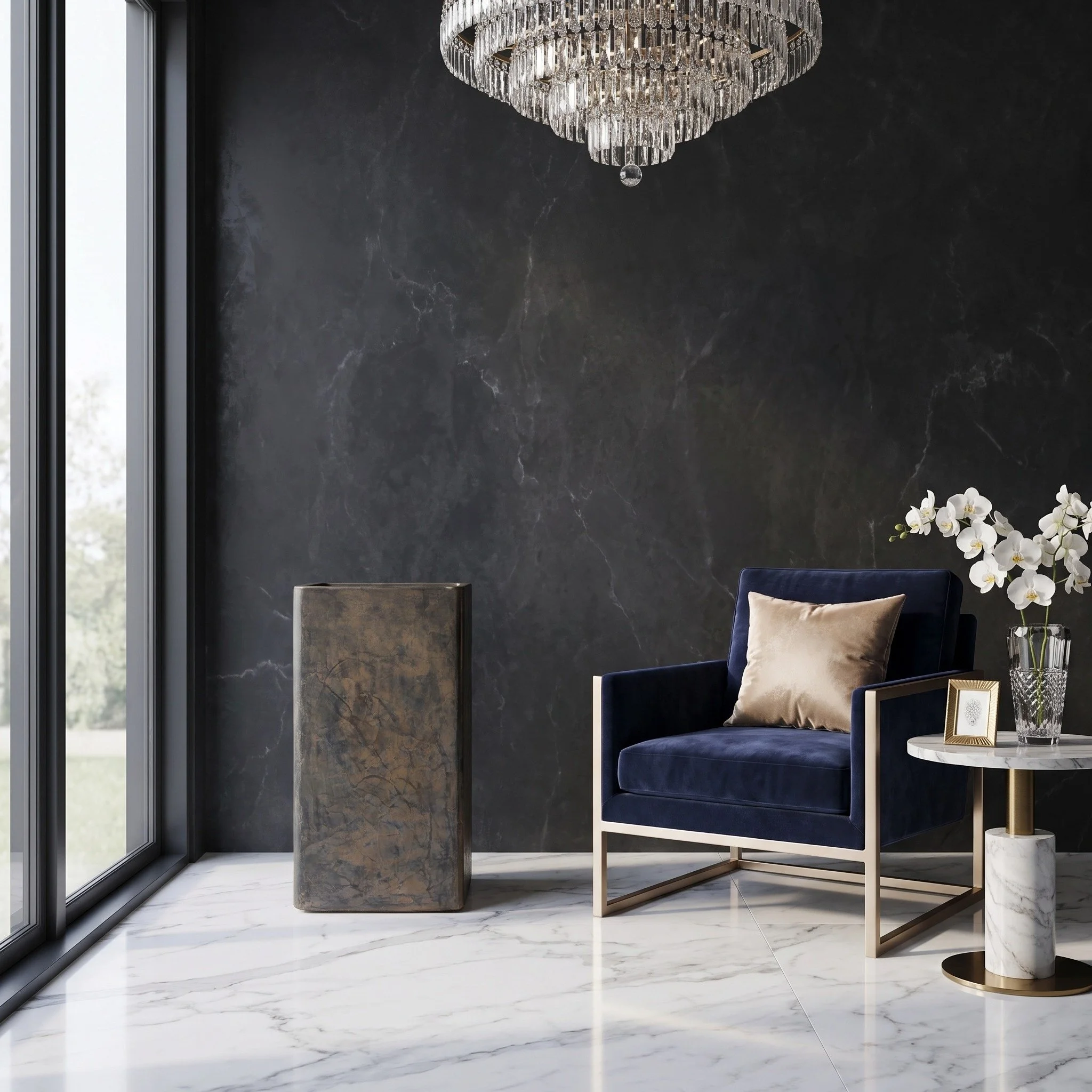 Elegant interior of a modern living space featuring a black marble wall, white marble flooring, a large crystal chandelier, a navy blue armchair with beige pillow, and a white side table with decorative items and flowers.