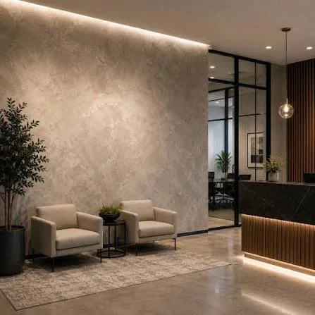Contemporary lobby with Polished Venetian Plaster wall in neutral colours and emphasised by the lighting.