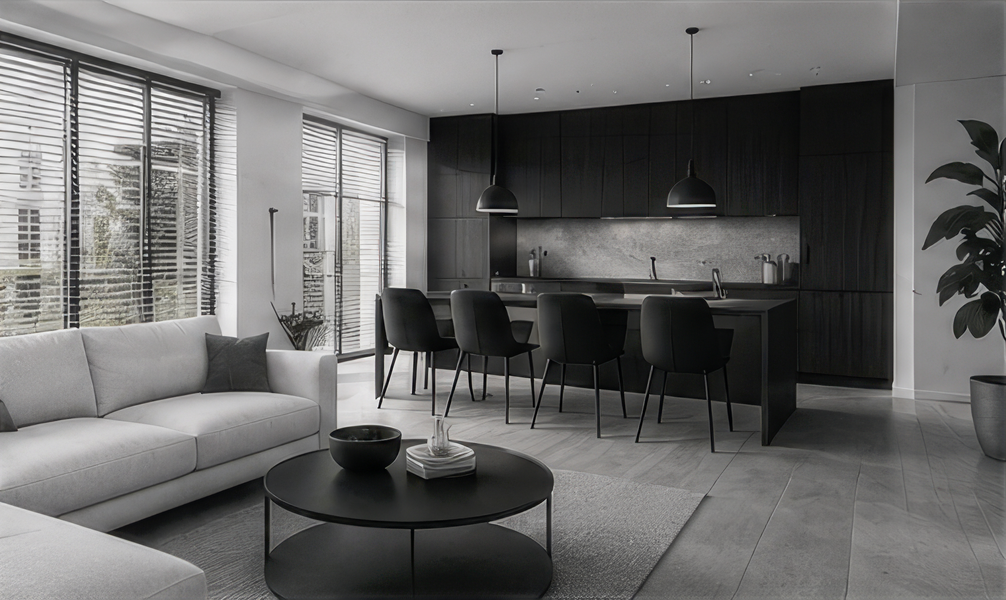 Moderne, minimalistische Wohnküche mit schwarzen Küchenschränken, dunklen Essstühlen, großen Fenstern mit Jalousien und einem weißen Sofa im Vordergrund.
