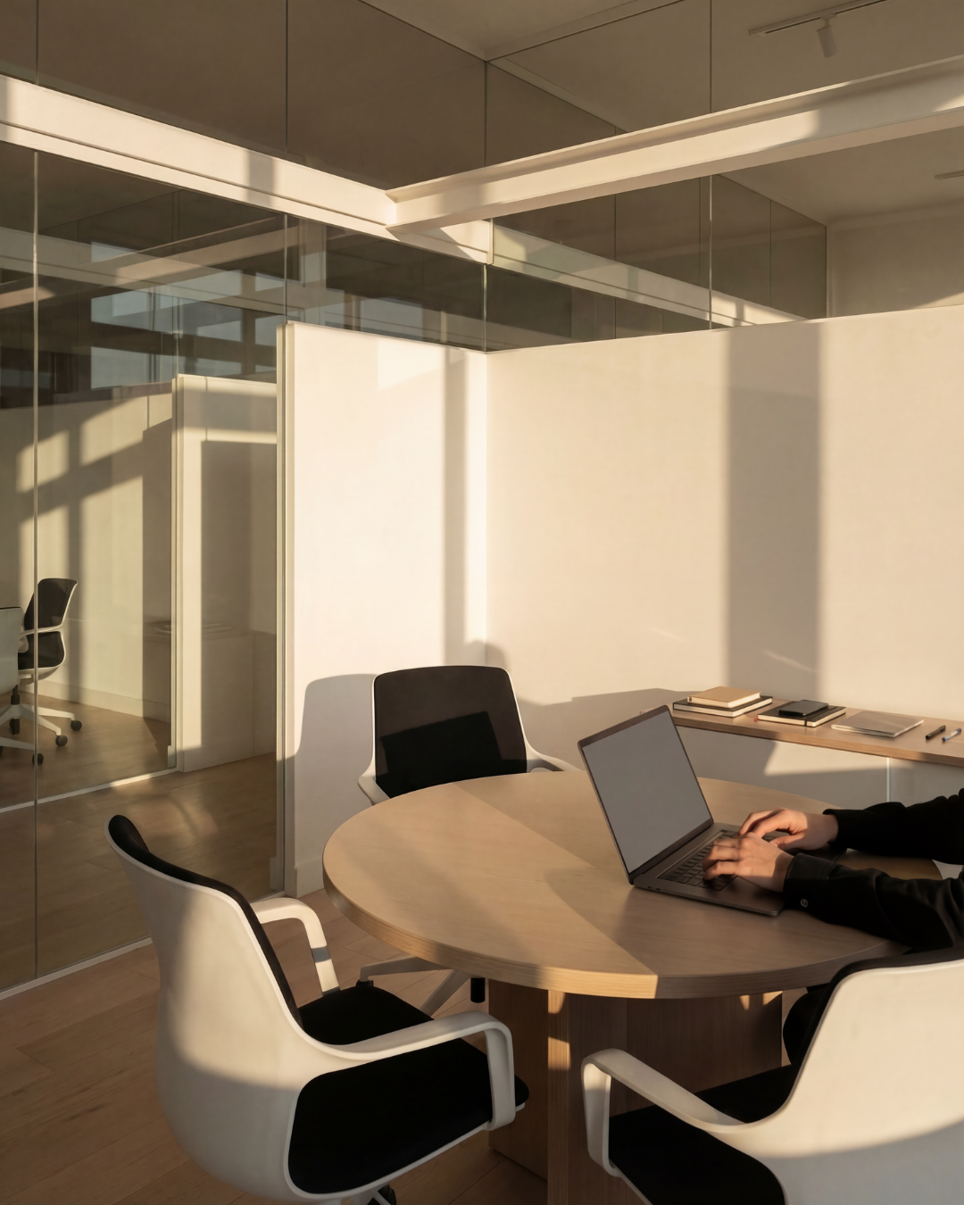 Modern office conference room with a round wooden table, three black and white chairs, a laptop, and a side shelf with notebooks and a pen. Sunlight casts shadows through large glass walls.