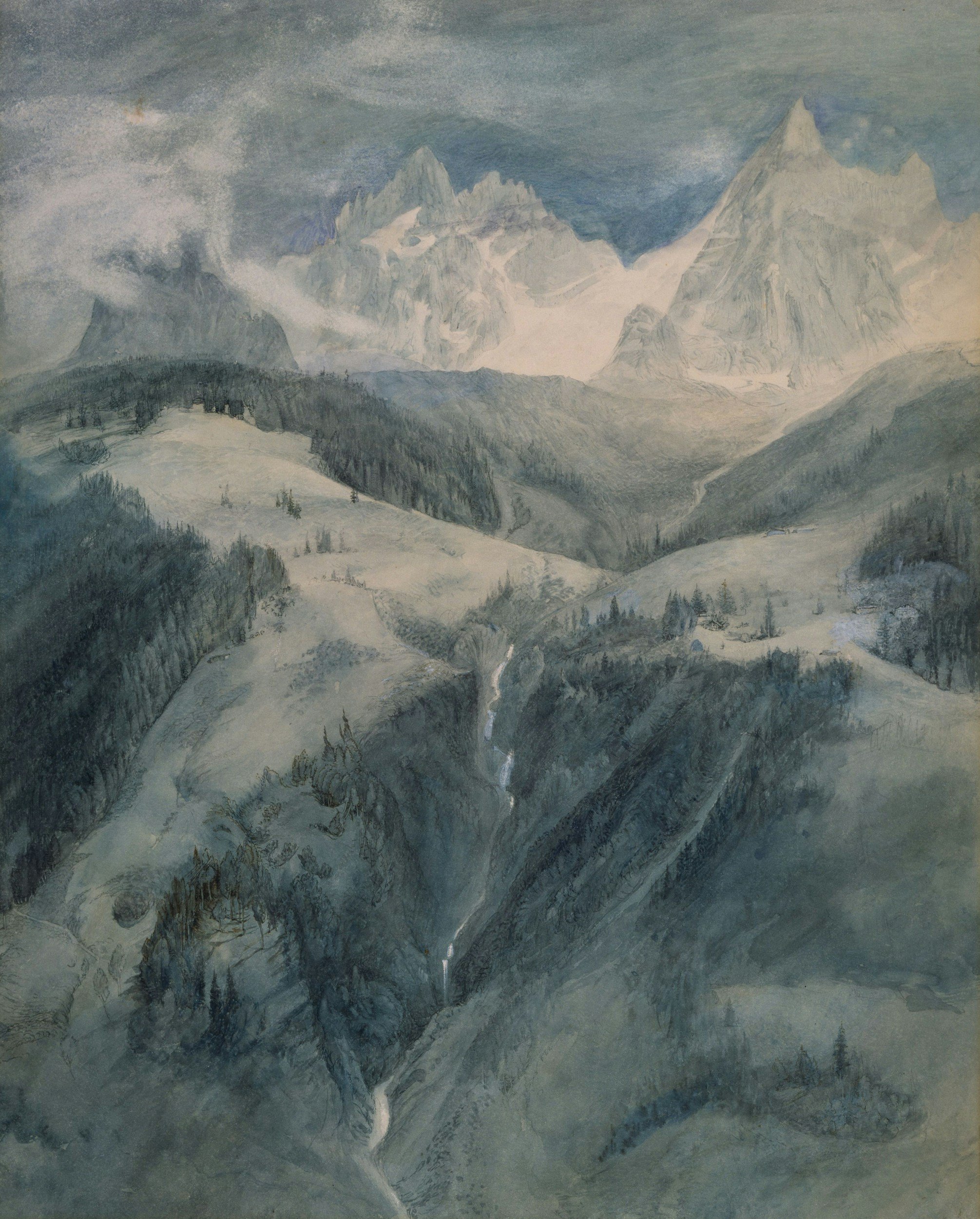 A painting or illustration of snow-covered mountains with a valley below, featuring pine trees and a cloudy sky.