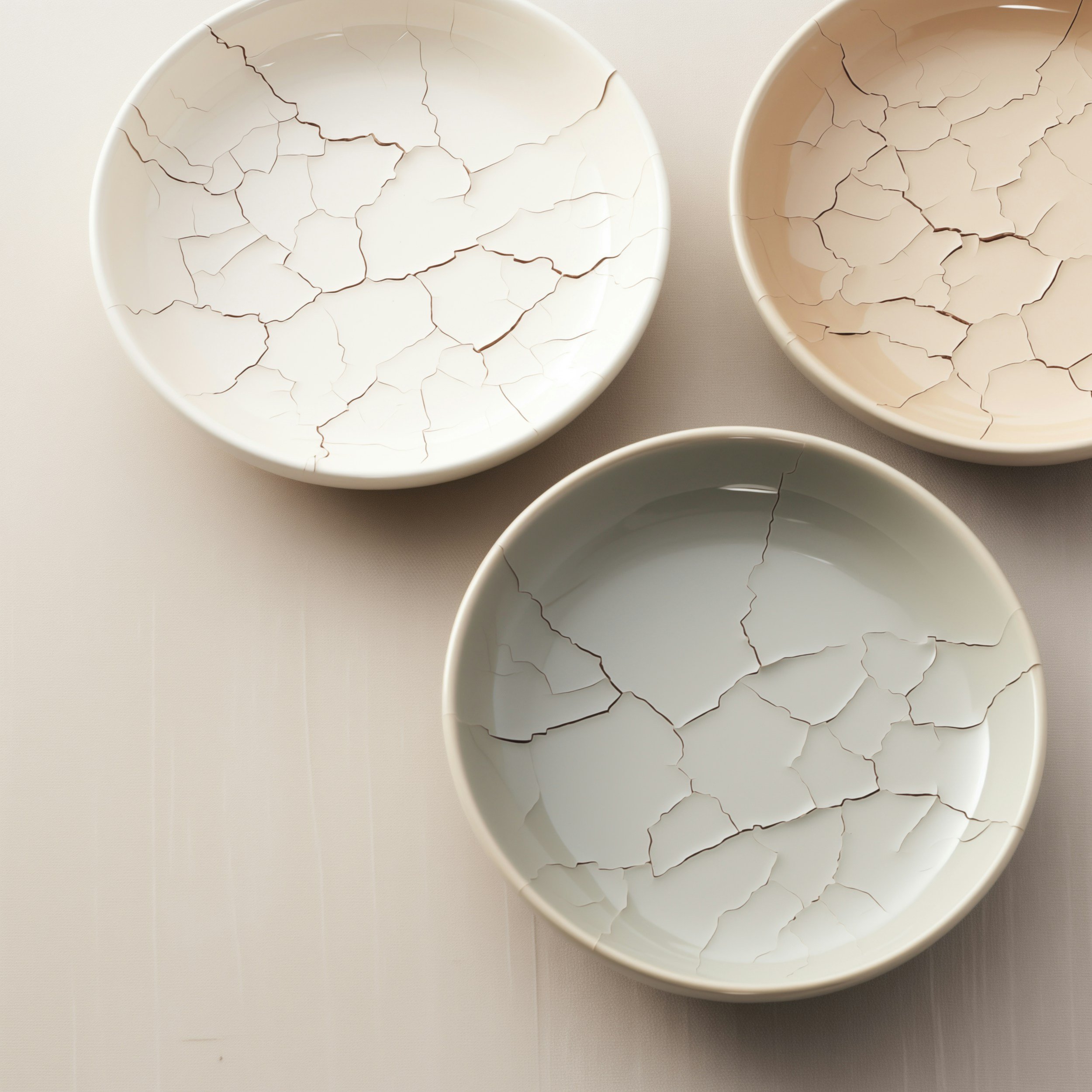 Three white bowls with black crackle patterns inside, placed on a light-colored surface.