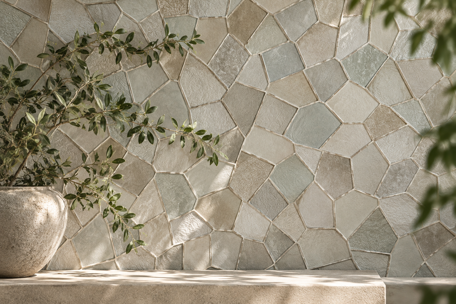 A potted plant with green leaves on a slipstone shelf against a wall with irregularly shaped, multicolored stone tiles.