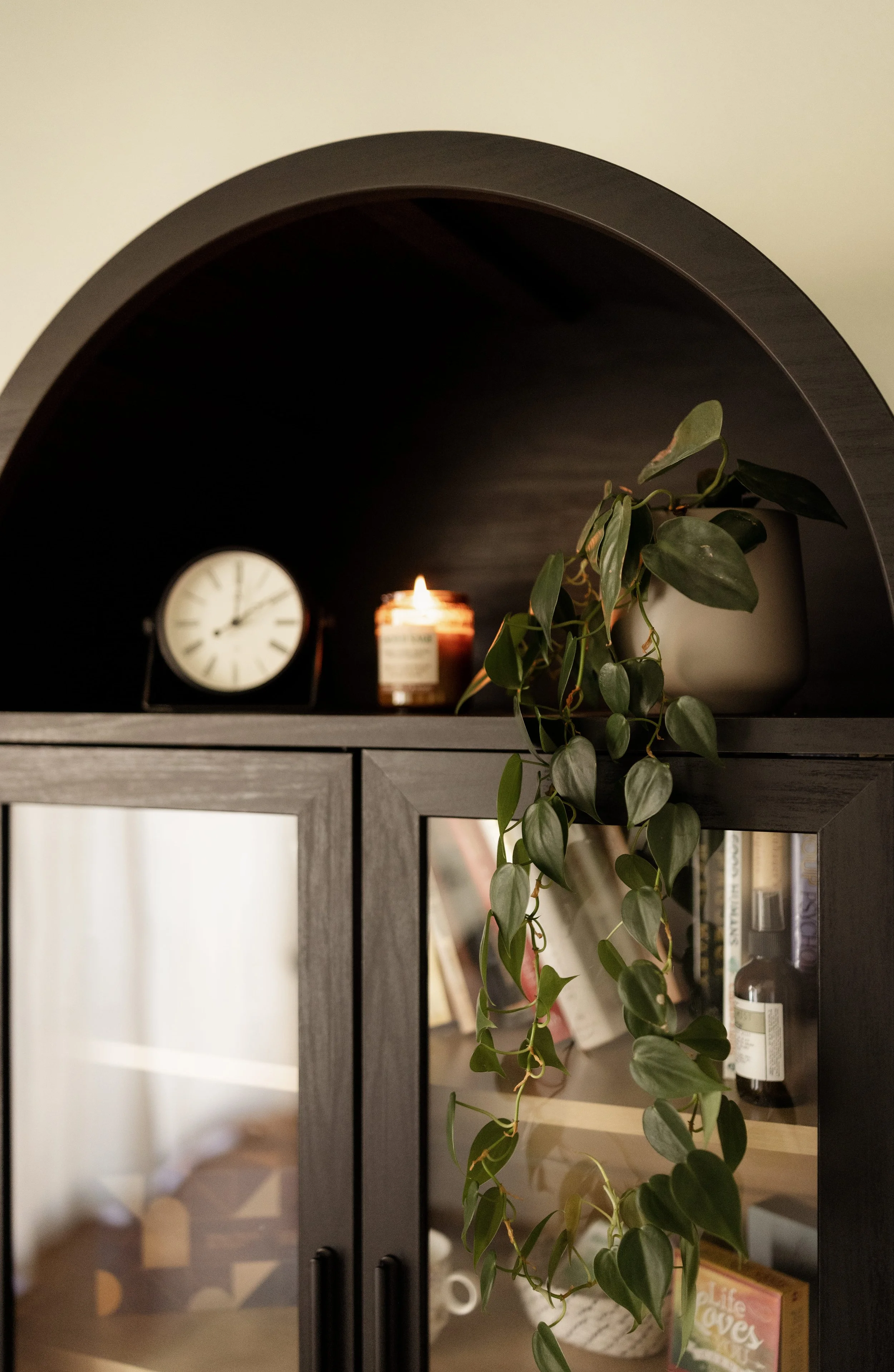 A black cabinet with glass doors displaying books, a potted plant, a candle, and a small clock on top. The plant has trailing green leaves.