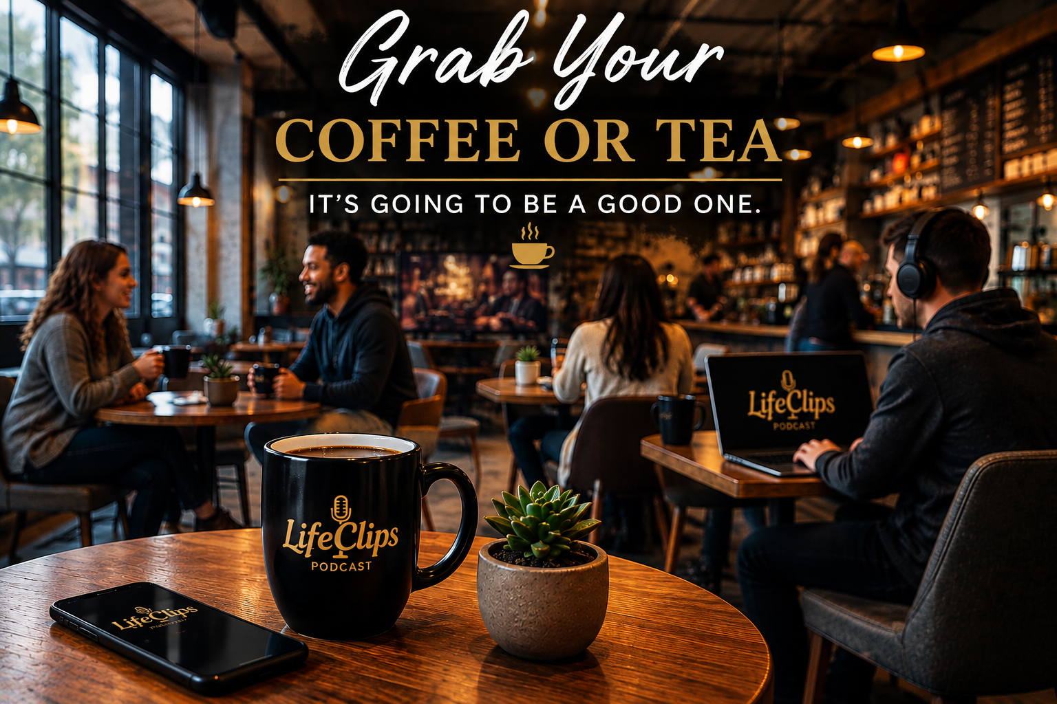 A cozy coffee shop interior with people conversing and working, a coffee mug with the podcast logo, and a smartphone on a wooden table.