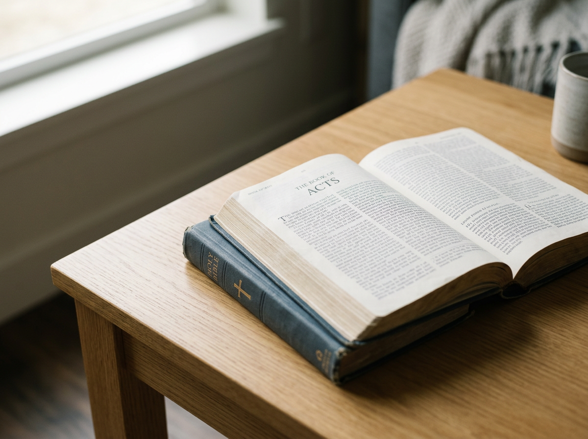 An open Bible on a wooden table near a window.