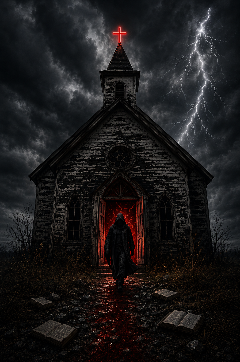 A dark, stormy night with lightning illuminating the sky, a sinister figure in a hooded cloak entering an old, abandoned church with a glowing red entrance