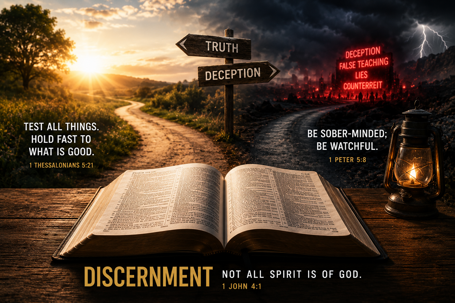 An open Bible on a wooden surface, with sunset and stormy scene in the background featuring a signpost pointing towards 'Truth' and 'Deception.' The image includes text with religious quotes, a lantern, and contrasting landscapes representing good and evil.