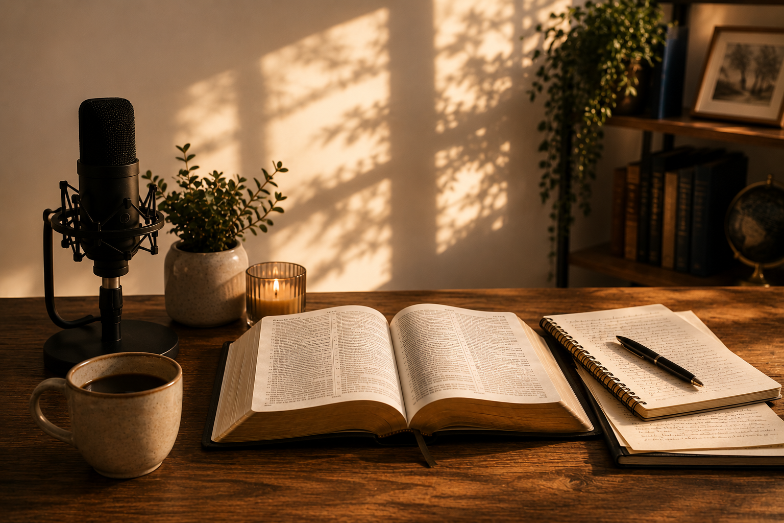 A workspace with a microphone, a potted plant, a lit candle, an open book, a spiral notebook with handwritten notes, and a cup of coffee on a wooden desk, with shadow patterns on the wall and a bookshelf in the background.