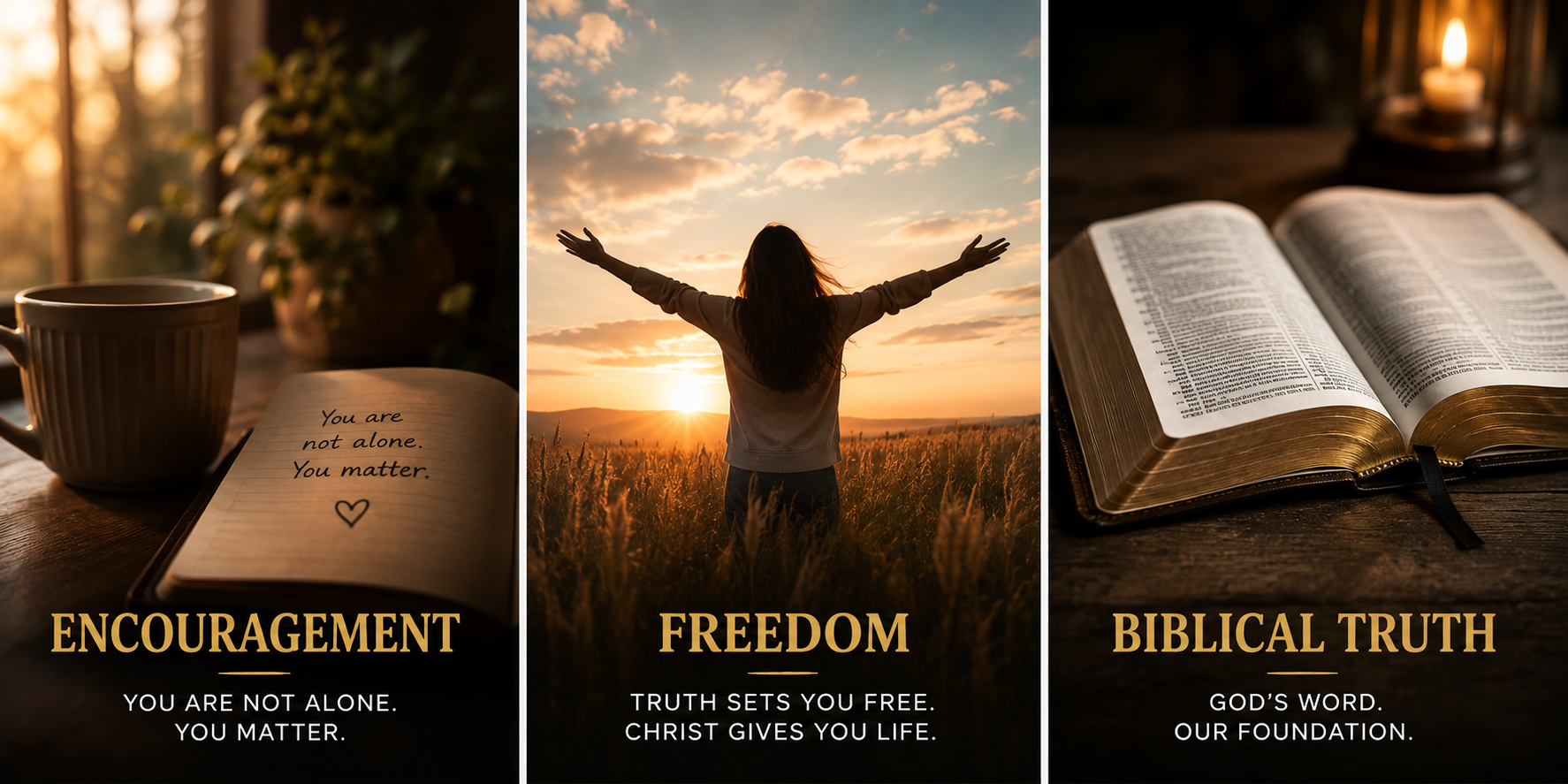 Three sections with religious and inspirational themes. The left section shows a cup of coffee, a plant, and an open notebook with a message: "You are not alone. You matter," over the word "Encouragement." The middle section shows a woman with outstretched arms standing in a field during sunset, labeled "Freedom," with the quote "Truth sets you free. Christ gives you life." The right section displays an open Bible with a candle in the background, labeled "Biblical Truth," with the description "God's word. Our foundation."